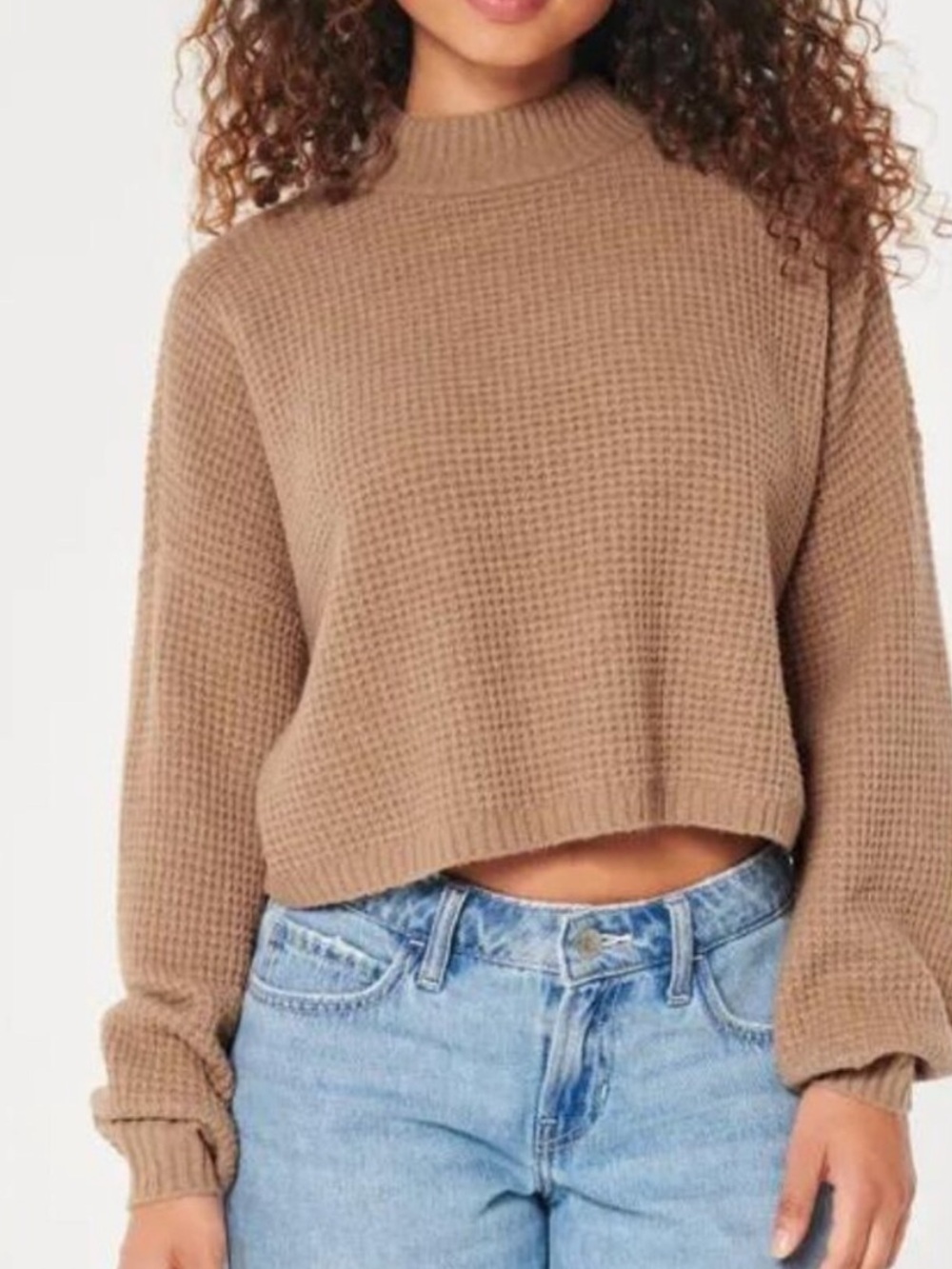 HOLLISTER Easy Cozy Waffle Mock Neck Cropped Sweater Women’s Size XS